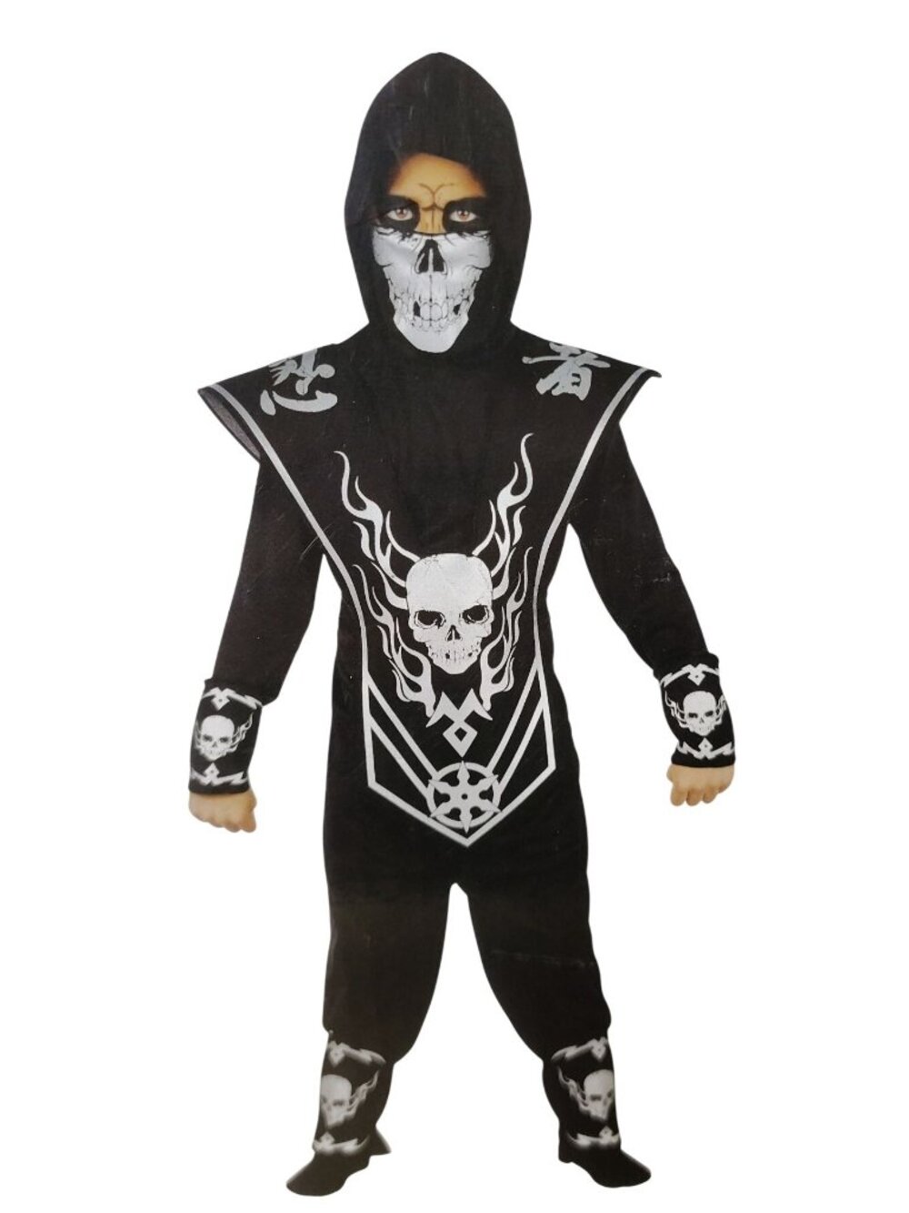 Skull Ninja Costume Boys Small 6 7 Hooded Jumpsuit Mask Cape Halloween Dress Up